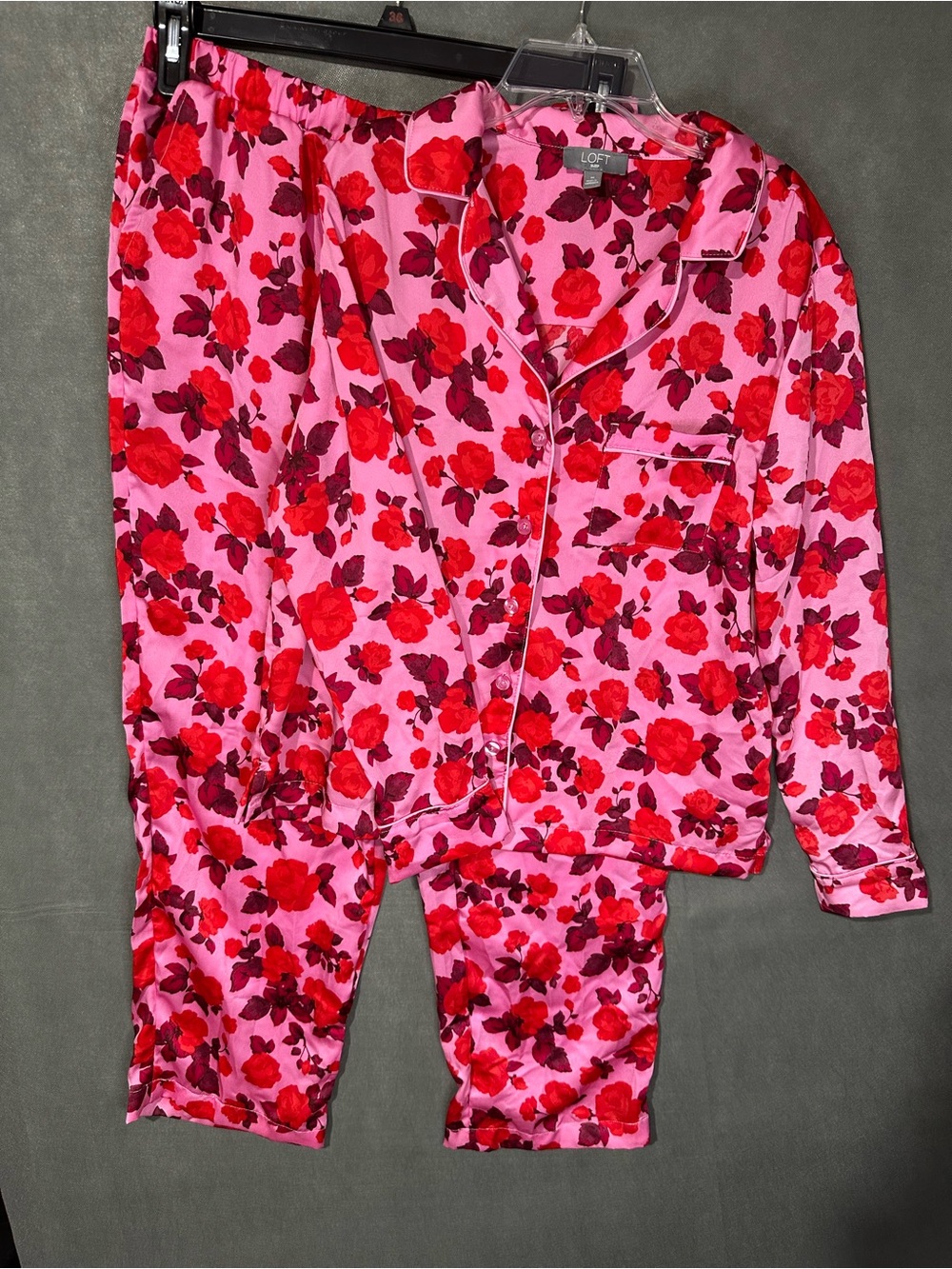 LOFT Sleep Satin Notch Collar Pajama Set - Size M - Rose Blush Floral